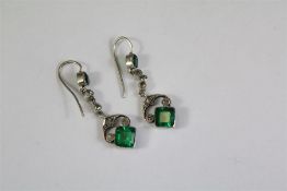 A Pair of Antique 14ct White Gold and Emerald Earrings.