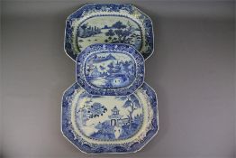 Three Antique Blue and White Meat Plates
