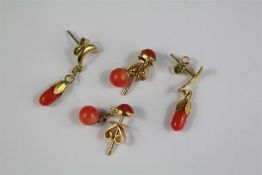 A Pair of Lady's 14 ct Red Coral Drop Earrings