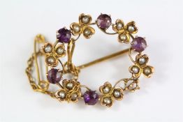 A 9ct Yellow Gold Amethyst and Seed Pearl Brooch.