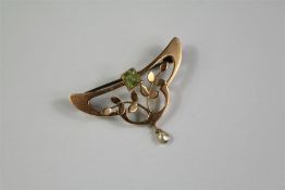 A 9ct Rose Gold Suffregette Peridot and Pearl Brooch
