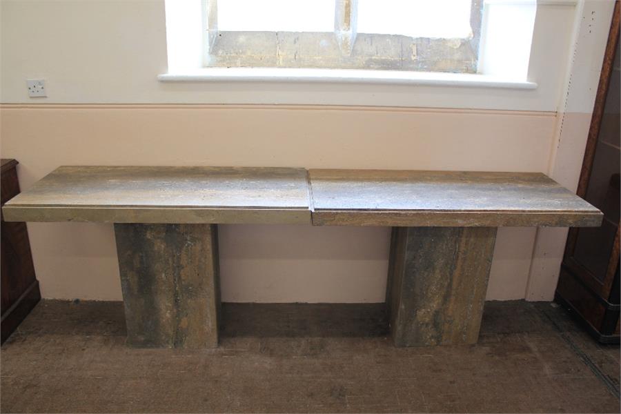 A Walnut & Travetine Stone Console Table.