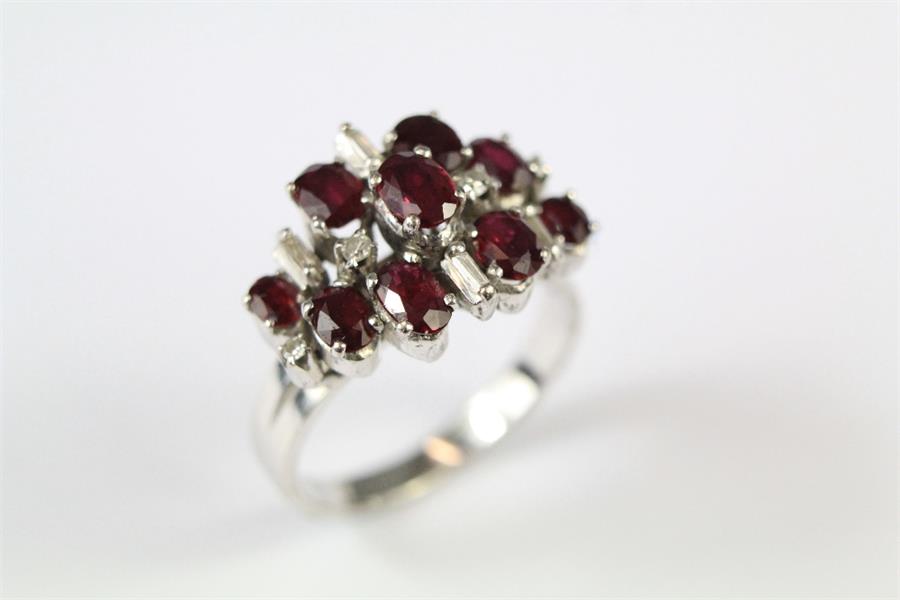 A Lady's Vintage 14ct White Gold, Ruby and Diamond Cluster Ring