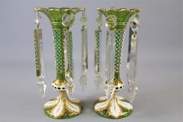 A Pair of Green and White Bohemian Lustre Table Vases