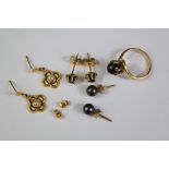 A 9ct Black Pearl Ring and Earring Set
