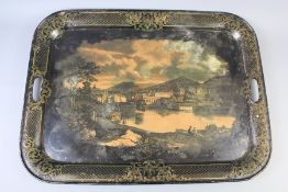 A Large Victorian Continental Square Black Tray