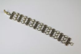 A Silver and Marcasite and Fresh Water Pearl Bracelet