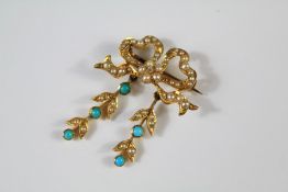 An Edwardian 18ct Yellow Gold Seed Pearl Diamond Brooch