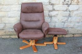 A Chocolate Brown Suede Effect Swivel Armchair and Stool