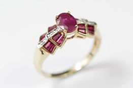 A 14ct Yellow Gold Ruby and Diamond Art-Deco Style Dress Ring