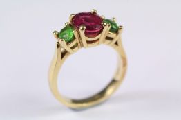 A 14ct Yellow Gold Green and Pink Stone Ring