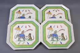 Four Continental Hand-Painted Octagonal Trays
