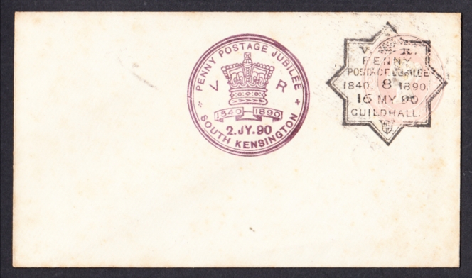 1881 1d pink embossed envelope with 16-5-90 Penny Postage Jubilee Guildhall H/S & 2-7-90 South