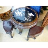 CARVED NEST OF TABLES, (MOTHER OF PEARL) WITH GLASS COVERED ORIENTAL SCENE TO TOP