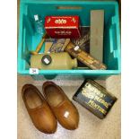 MIXED LOT OF VINTAGE ITEMS INCLUDING WOODEN CLOGS & TINS