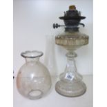 GLASS OIL LAMP BASE + A SHADE & CHIMNEY