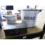 2 VINTAGE ENAMELED KITCHEN ITEMS + TURNWRIGHT'S TOFFEE TIN