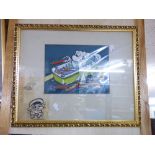 RECTANGULAR MIRROR WITH GILT FRAME + CARTOON PICTURE