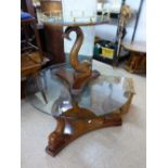 GLASS TOPPED OCCASIONAL TABLE WITH SEA SERPENT PEDESTAL BASE + ANOTHER WITH GALLERIED TOP