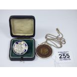 ENAMELLED COIN MEDALLION & CHAIN + A BROOCH MARKED 'REAL SILVER'