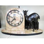 ART DECO CLOCK ON A MARBLE BASE & SURROUND WITH A FIGURE OF A DEER