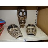 3 X CARVED WOOD SKULL MASKS