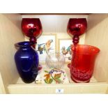 MIXED LOT INCLUDING BRISTOL BLUE GLASS VASE & PAIR OF CANDLEHOLDERS