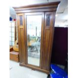 EDWARDIAN WARDROBE WITH CARVED PANELS & BEVELLED GLASS DOOR