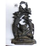VICTORIAN CAST IRON DOOR STOP WITH A HUNTING SCENE, FOX & BOOTS ETC.