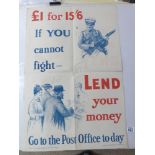 ORIGINAL WW1 POSTER, ' £1 FOR 15s 6d IF YOU CANNOT FIGHT LEND YOUR MONEY, GO TO THE POST OFFICE TO-