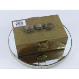 CHINESE BRASS BOX ENGRAVED & MOUNTED WITH 3 CABOCHONS