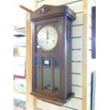 EDWARDIAN OAK WALL CLOCK WITH WESTMINSTER CHIMES, KEYS & PENDULUM