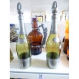 3 X GLASS BOTTLES WITH PEWTER OVERLAY