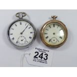 0.800 SILVER POCKET WATCH + A SWISS MADE MILITARY POCKET WATCH, BOTH FOR SPARES & REPAIRS