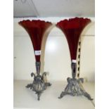 PAIR OF RED GLASS TRUMPET VASES ON METAL BASES 40 CMS