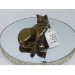 BRONZE RECLINING CAT, SIGNED