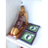 WOODEN FIGURE OF A LADY & PAIR FRAMED SILHOUETTES