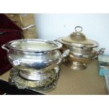 2 LARGE MAPPIN AND WEBB PLATED TUREENS + ASSORTED SERVING DISHES