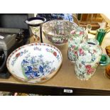 2 ORIENTAL BOWLS, ORIENTAL VASE + PAIR OF ALBION POTTERY 'CHINESE ROSE' PATTERN VASES