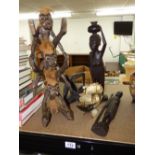 4 CARVED WOODEN FIGURES & HORN SHIP