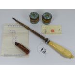 EDWARDIAN CARVED IVORY HANDLED KNIFE SHARPNER, 2 ENAMELLED GLASS POTS & AN ORIENTAL CARVED HARDSTONE