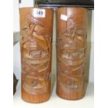 2 ORIENTAL CARVED BAMBOO BRUSH POTS 34 CMS HIGH