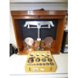 TAMBOUR FRONTED, CASED, SCIENTIFIC SCALES BY WILLIAM. A. WEBB LTD. ILFORD + BOXED SET OF BRASS