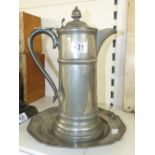 STEVEN HAYWARD CO, LIDDED PEWTER JUG 33 CMS HIGH + PEWTER PLATE