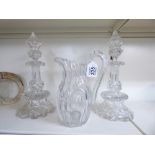 2 VICTORIAN GLASS DECANTERS 32 CMS HIGH + WATER JUG 24 CMS HIGH