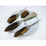 TAXIDERMY X 4 ANIMAL PAWS INCLUDING 2 X BUTTON HOOKS, 1 X BROOCH, 1 X SHOE HORN WITH HALL MARKED