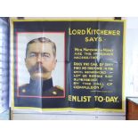 LARGE ORIGINAL WW1 RECRUITMENT POSTER NO 117 'LORD KITCHENER SAYS.....ENLIST TODAY' BY DAVID ALLEN &