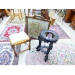 OAK FOOTSTOOL, TAPESTRY FIRE SCREEN + CARVED JARDINIERE