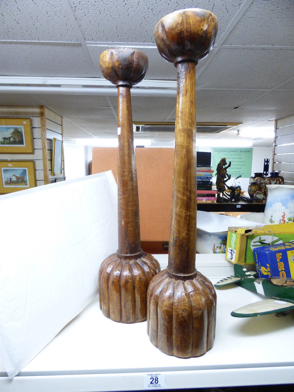 PAIR OF LARGE HAND CARVED WOODEN CANDLESTICKS