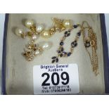 9 ct GOLD & SAPPHIRE NECKLACE + 3 X PAIRS 9 ct GOLD & PEARL EARRINGS TOTAL WEIGHT 7.37 GRAMS